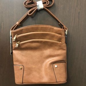 NWT ALYSSA VEGAN LEATHER HANDBAG BROWN ADJUSTABLE STRAP MULTI POCKETS